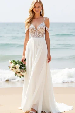 Vestido de Noiva Longo Chiffon Renda Ombro Frio Linha-A
