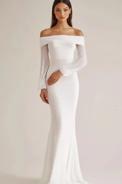 Vestido de Noiva Longo Chiffon Branco Fora do Ombro