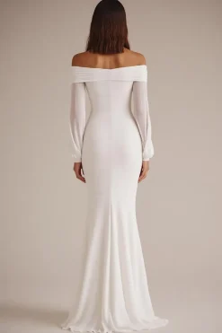 Vestido de Noiva Longo Chiffon Branco Fora do Ombro