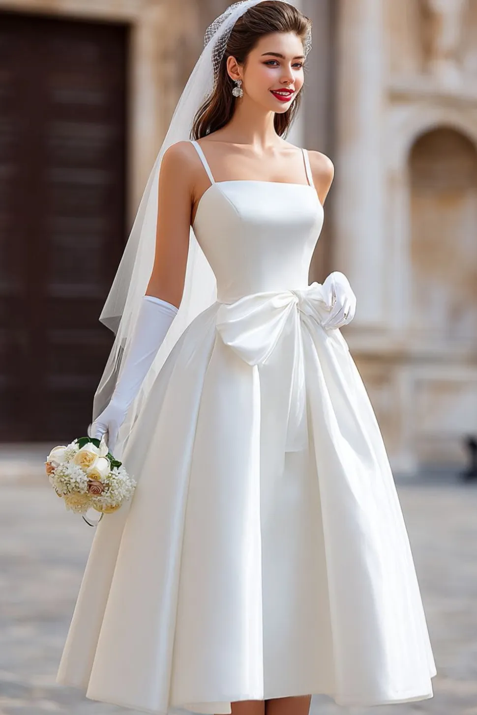 Vestido de noiva longo de alças finas brancas com laço destacável