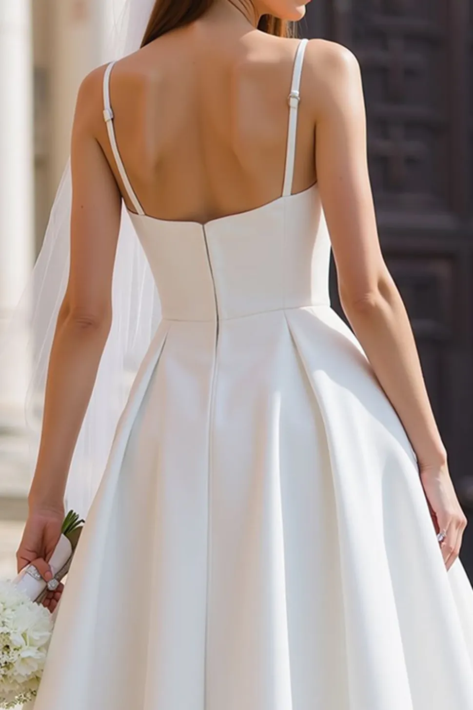 Vestido de noiva longo de alças finas brancas com laço destacável
