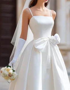 Vestido de noiva longo de alças finas brancas com laço destacável