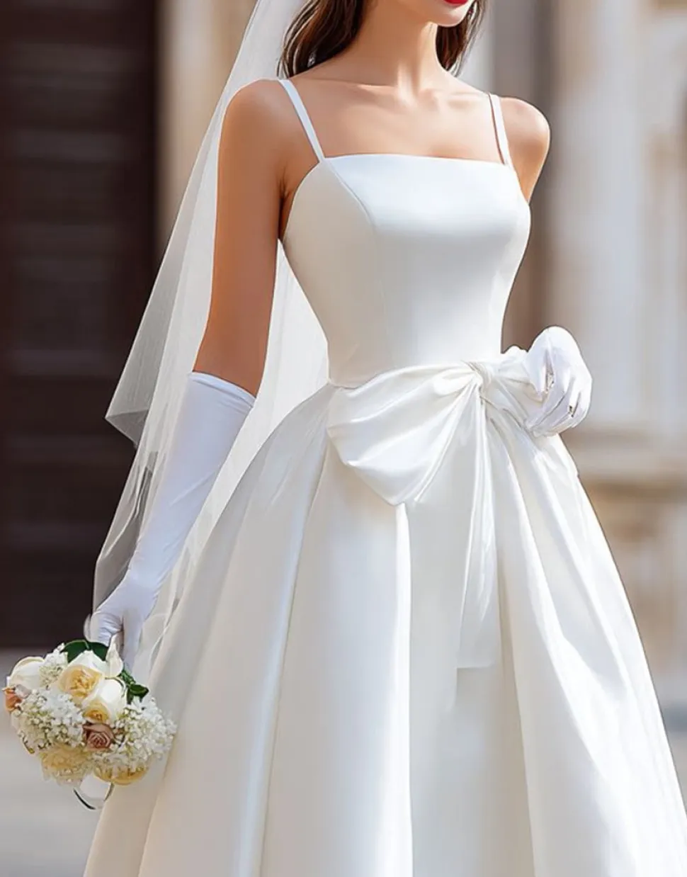 Vestido de noiva longo de alças finas brancas com laço destacável