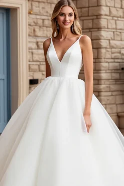 Vestido de Noiva Longo Marfim Decote em V Tule