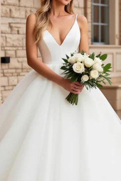 Vestido de Noiva Longo Marfim Decote em V Tule