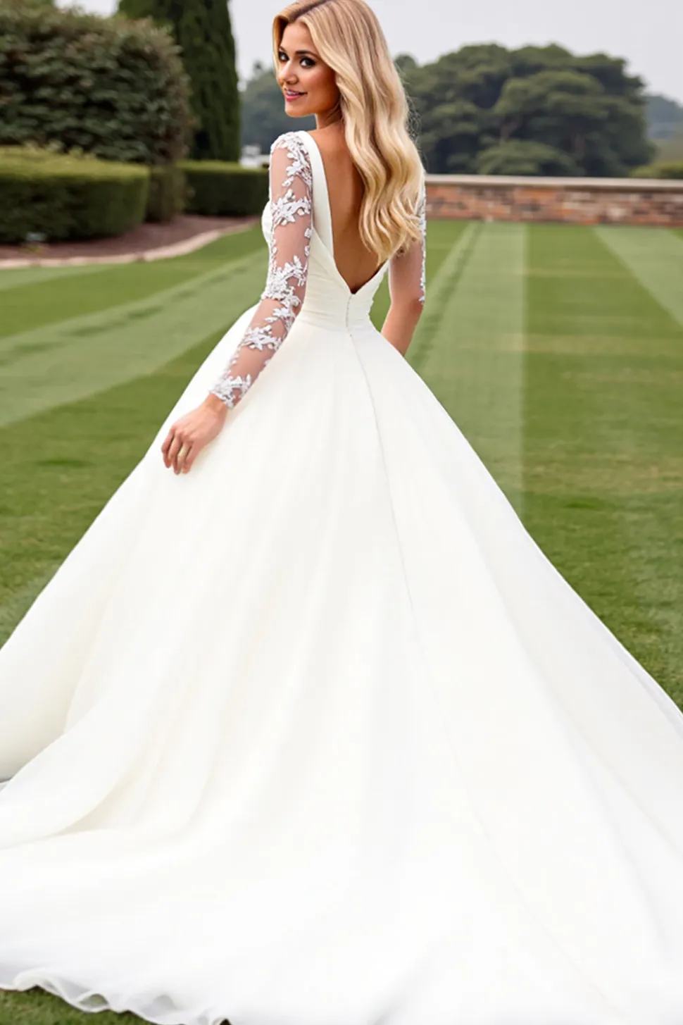Vestido de Noiva Longo Marfim Renda Linha-A Mangas Compridas