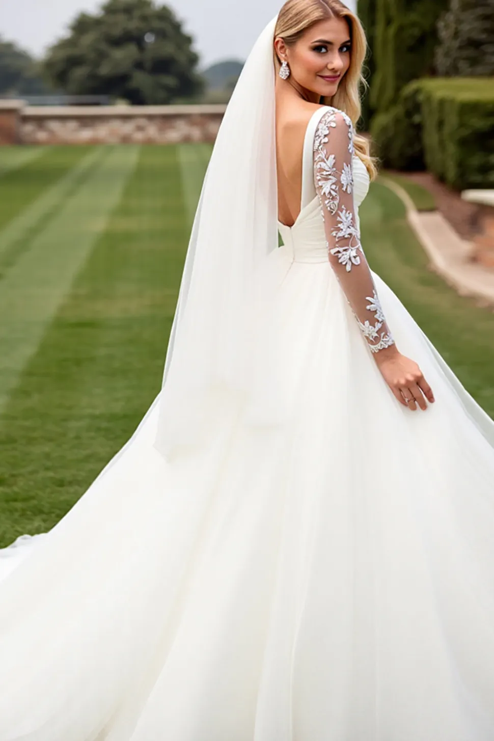 Vestido de Noiva Longo Marfim Renda Linha-A Mangas Compridas