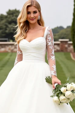 Vestido de Noiva Longo Marfim Renda Linha-A Mangas Compridas