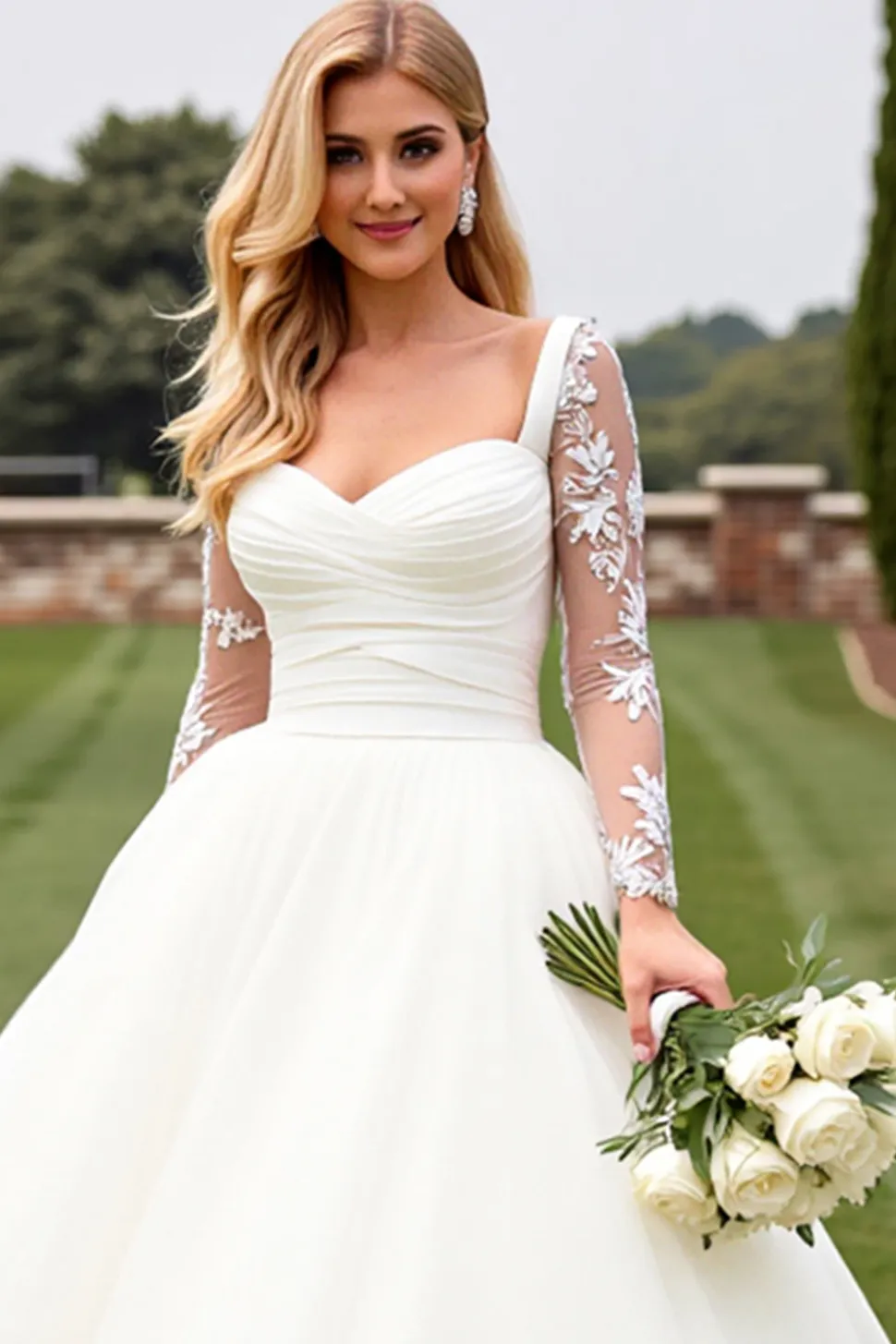 Vestido de Noiva Longo Marfim Renda Linha-A Mangas Compridas