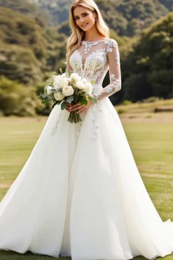 Vestido de Noiva Mangas Compridas Marfim Linha-A Renda Appliqued