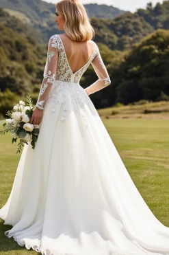 Vestido de Noiva Mangas Compridas Marfim Linha-A Renda Appliqued