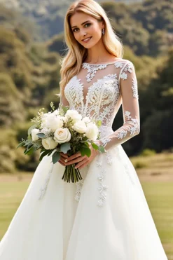 Vestido de Noiva Mangas Compridas Marfim Linha-A Renda Appliqued