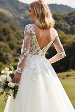 Vestido de Noiva Mangas Compridas Marfim Linha-A Renda Appliqued
