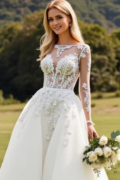Vestido de Noiva Mangas Compridas Marfim Linha-A Renda Appliqued