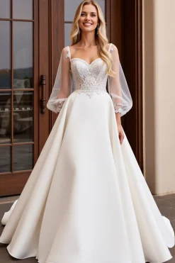 Vestido de Noiva Marfim Cetim Tule 3/4 mangas Longo Renda Linha-A