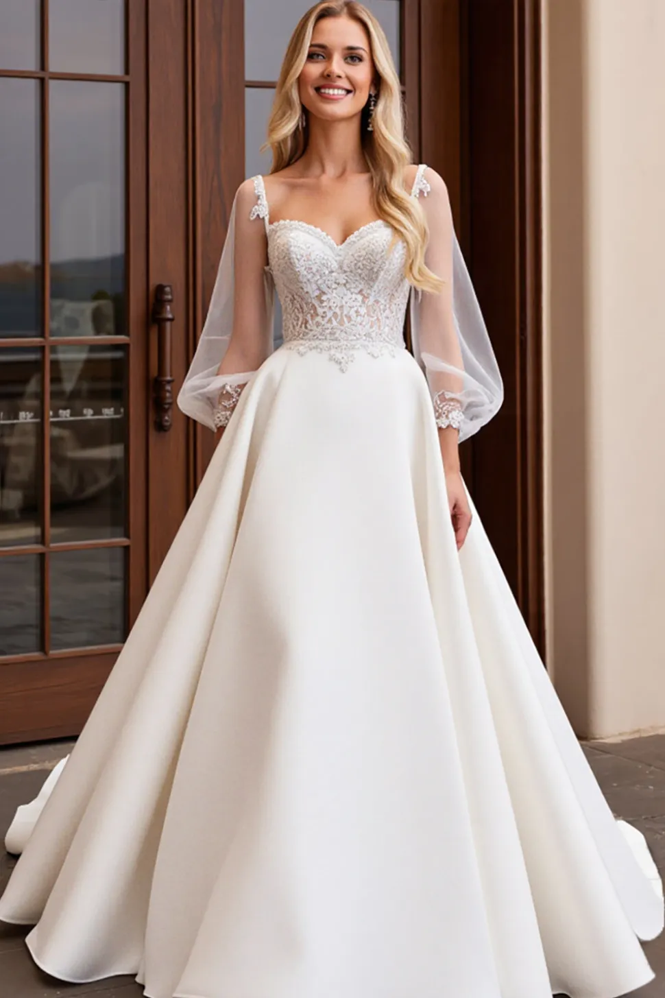 Vestido de Noiva Marfim Cetim Tule 3/4 mangas Longo Renda Linha-A