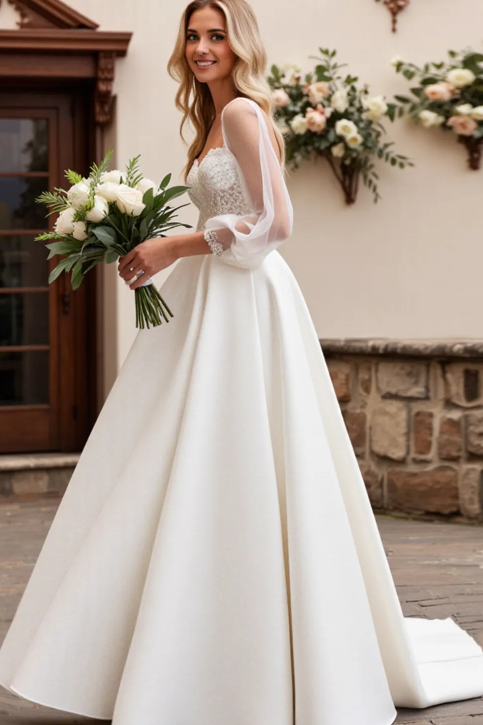 Vestido de Noiva Marfim Cetim Tule 3/4 mangas Longo Renda Linha-A