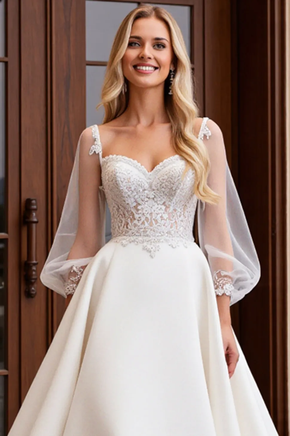 Vestido de Noiva Marfim Cetim Tule 3/4 mangas Longo Renda Linha-A