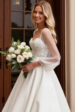 Vestido de Noiva Marfim Cetim Tule 3/4 mangas Longo Renda Linha-A