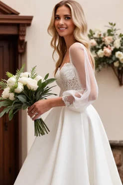 Vestido de Noiva Marfim Cetim Tule 3/4 mangas Longo Renda Linha-A