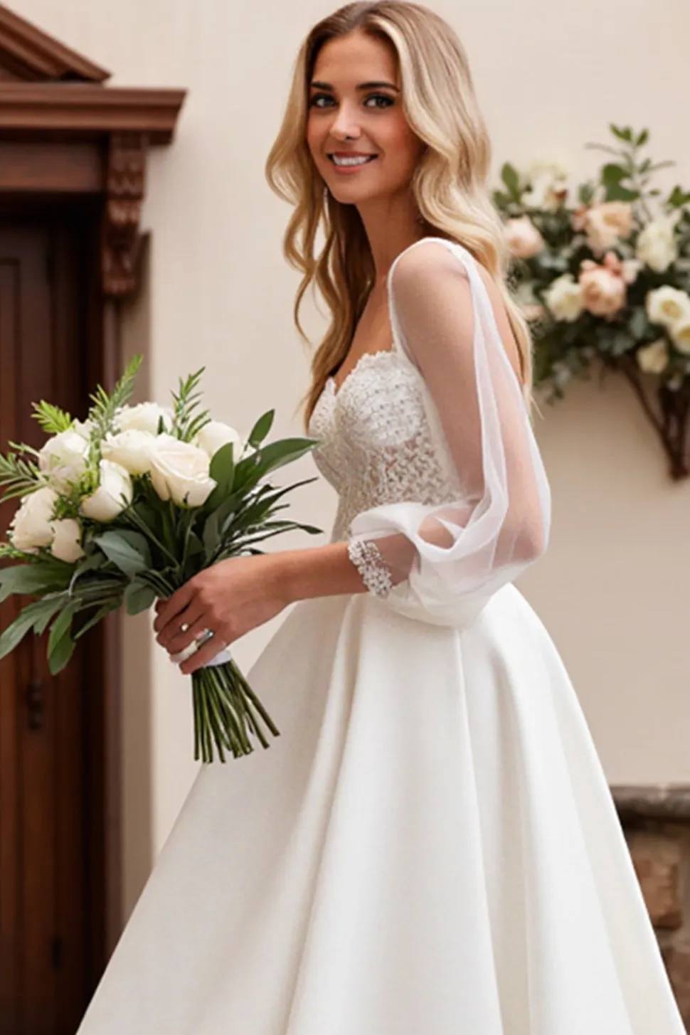 Vestido de Noiva Marfim Cetim Tule 3/4 mangas Longo Renda Linha-A
