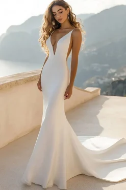 Vestido de Noiva Marfim Cetim Decote em V Sereia Longo