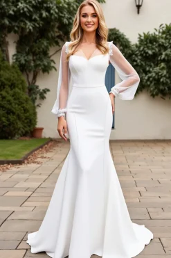 Vestido de Noiva Marfim Cetim Longo Sereia Mangas Compridas