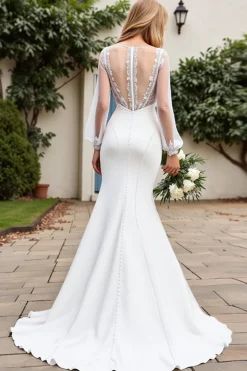 Vestido de Noiva Marfim Cetim Longo Sereia Mangas Compridas