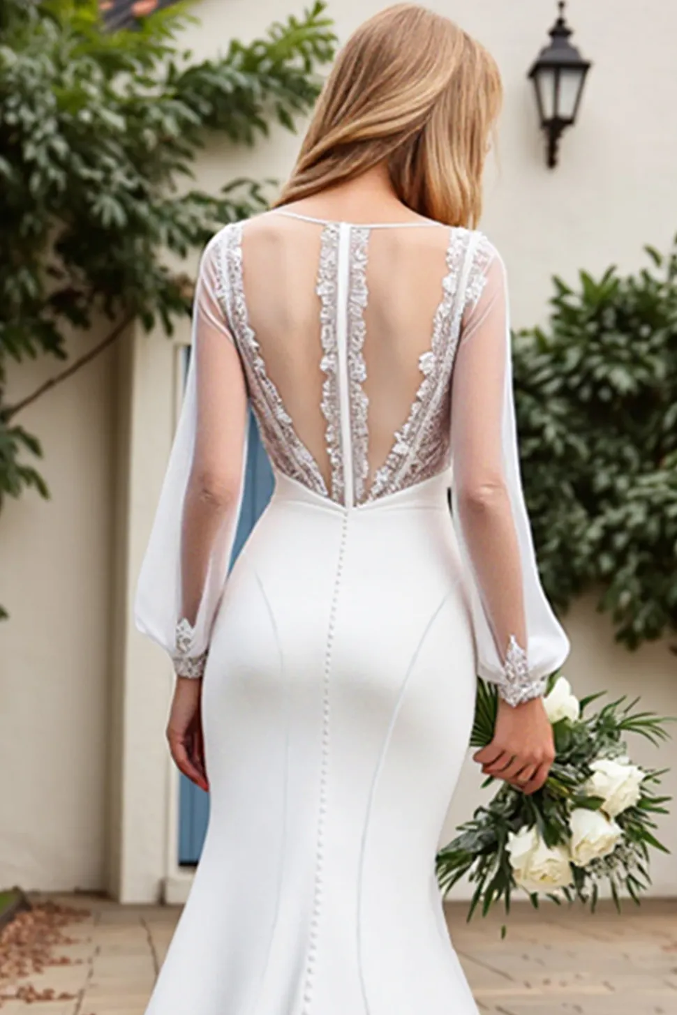 Vestido de Noiva Marfim Cetim Longo Sereia Mangas Compridas