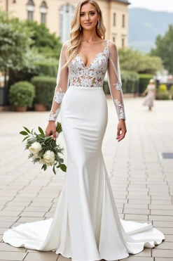 Vestido de Noiva Marfim Renda Decote em V Sereia Cetim Longo