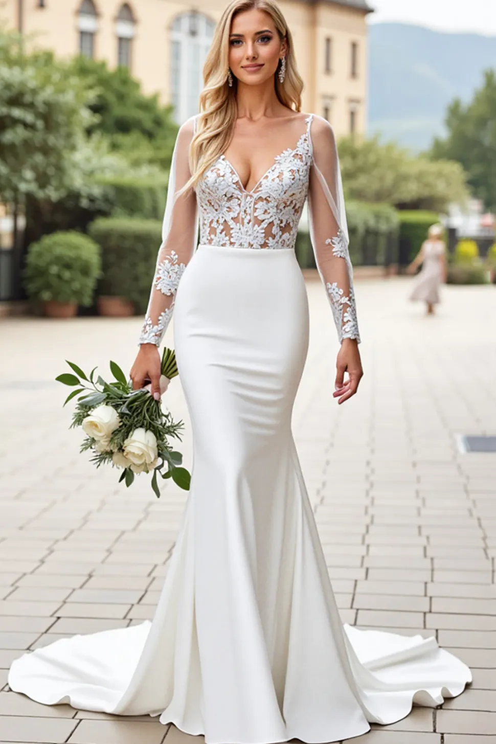 Vestido de Noiva Marfim Renda Decote em V Sereia Cetim Longo