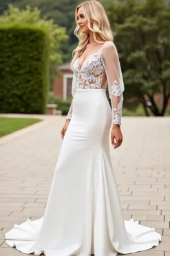 Vestido de Noiva Marfim Renda Decote em V Sereia Cetim Longo
