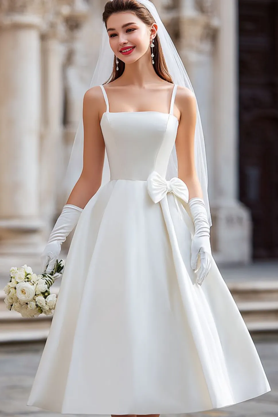 Vestido de Noiva Midi de alças finas branco A Line com laço