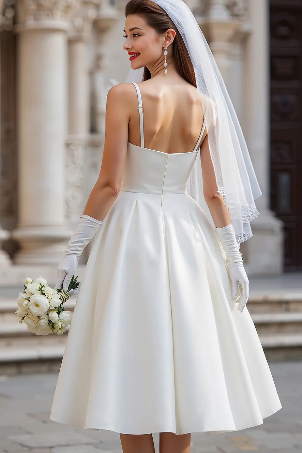 Vestido de Noiva Midi de alças finas branco A Line com laço