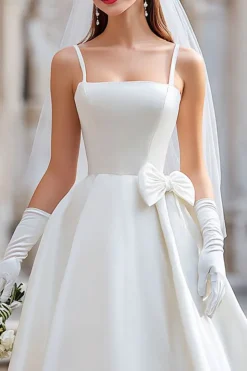 Vestido de Noiva Midi de alças finas branco A Line com laço