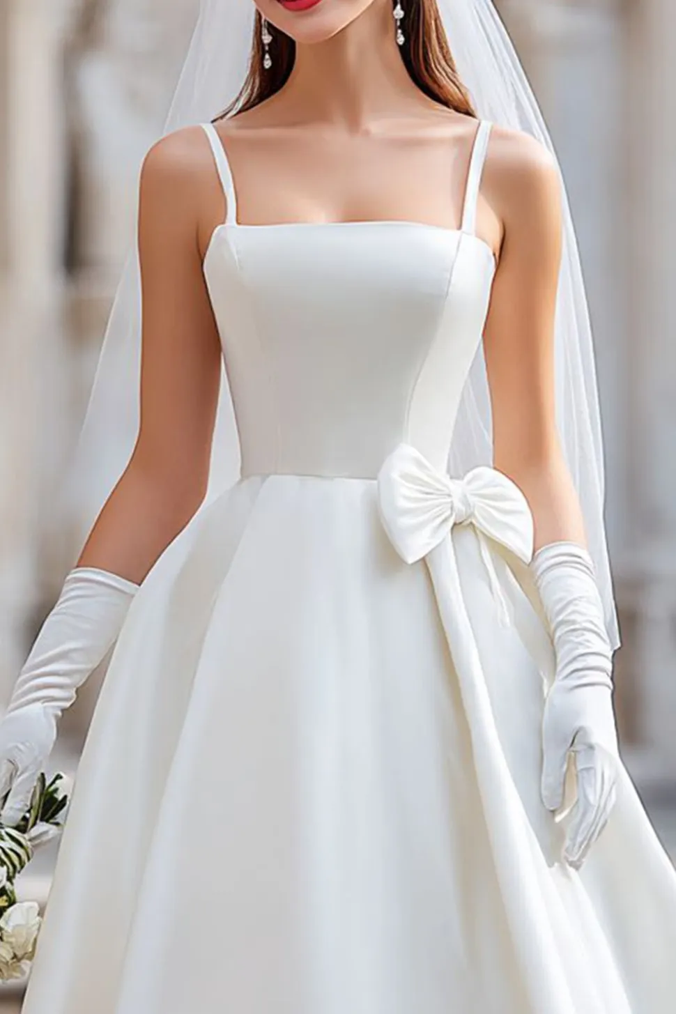 Vestido de Noiva Midi de alças finas branco A Line com laço