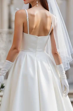 Vestido de Noiva Midi de alças finas branco A Line com laço