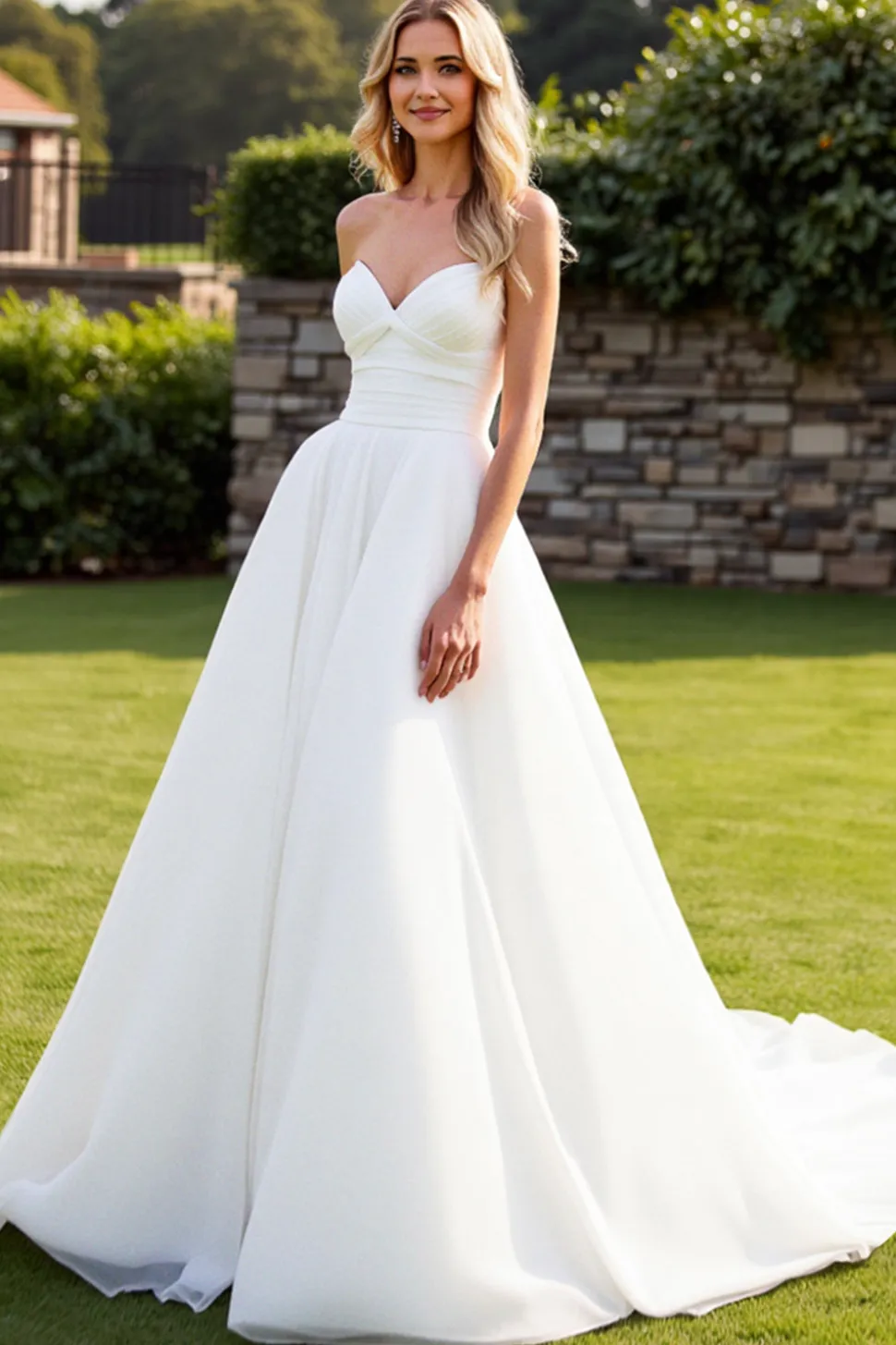 Vestido de Noiva Organza Marfim Linha-A Sem Alças