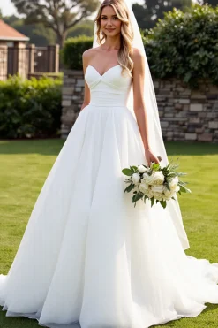 Vestido de Noiva Organza Marfim Linha-A Sem Alças