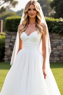 Vestido de Noiva Organza Marfim Linha-A Sem Alças