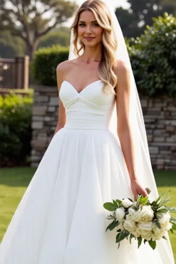 Vestido de Noiva Organza Marfim Linha-A Sem Alças
