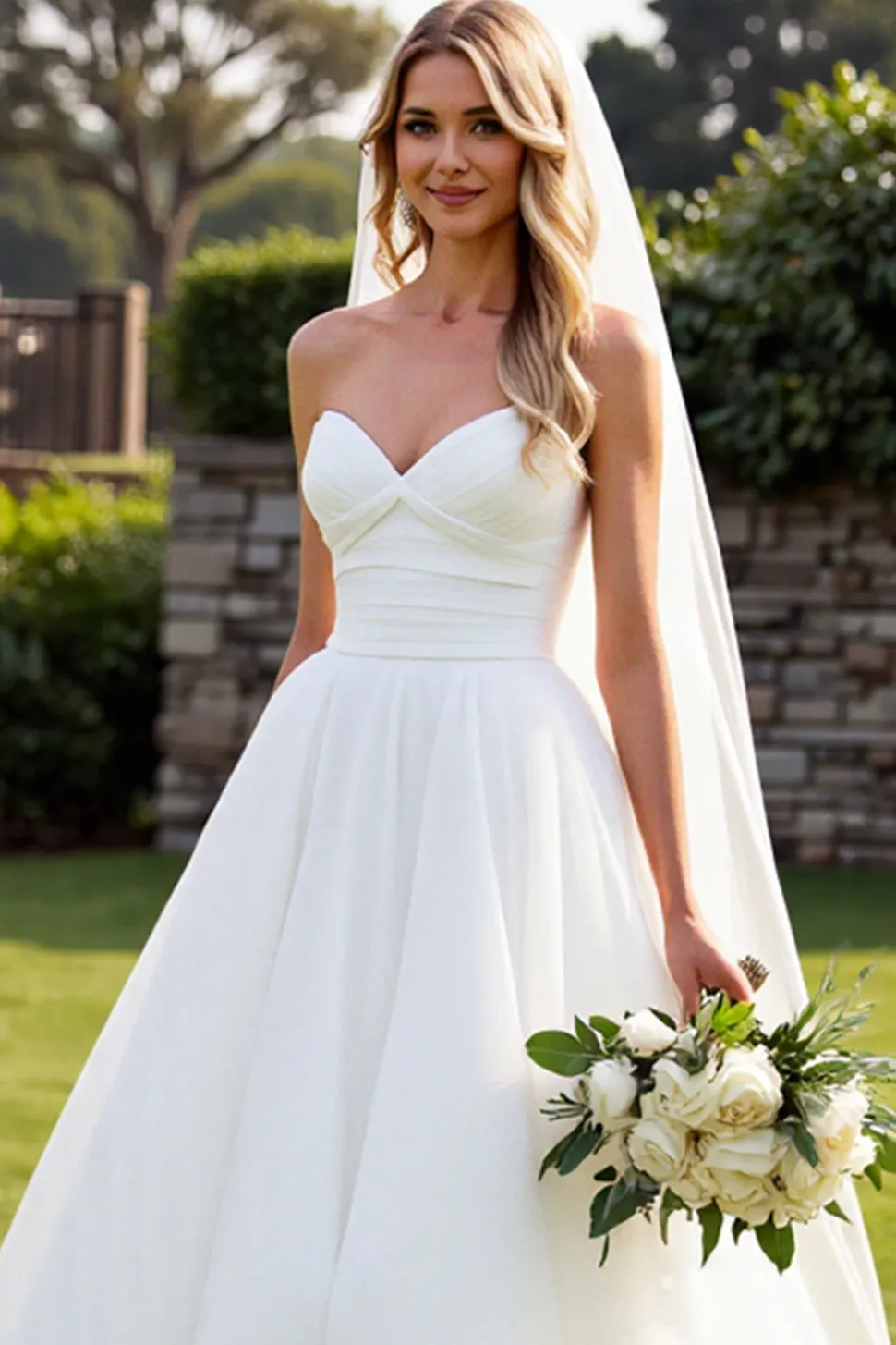 Vestido de Noiva Organza Marfim Linha-A Sem Alças