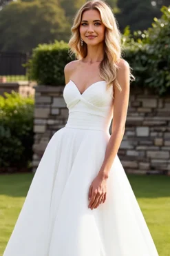 Vestido de Noiva Organza Marfim Linha-A Sem Alças