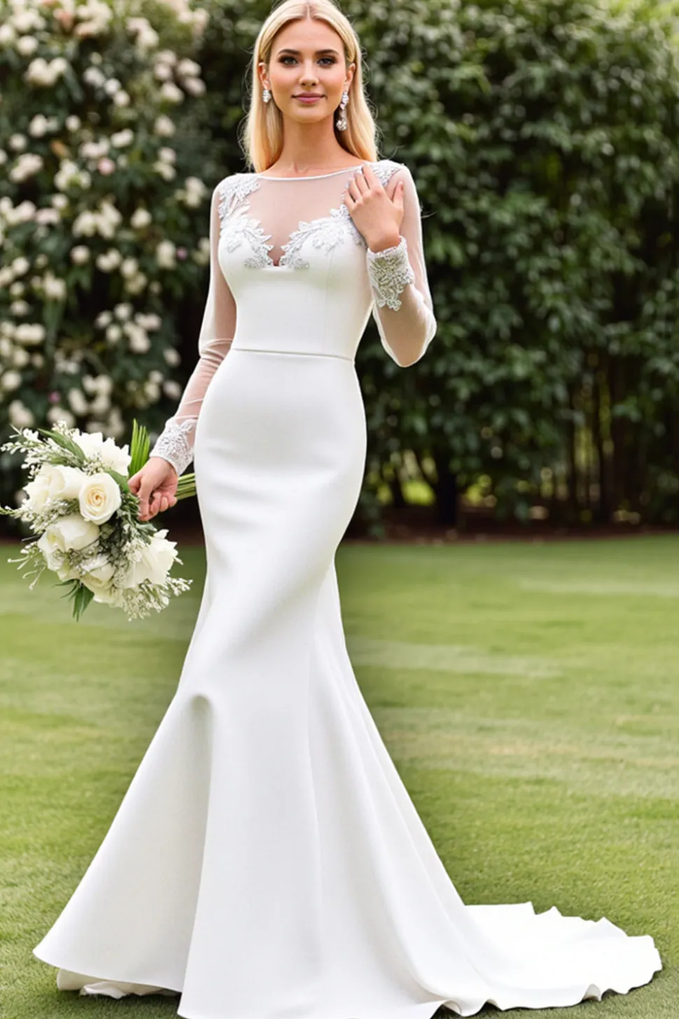 Vestido de Noiva Renda Cetim Marfim Sereia Ilusão Mangas Longo