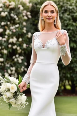 Vestido de Noiva Renda Cetim Marfim Sereia Ilusão Mangas Longo