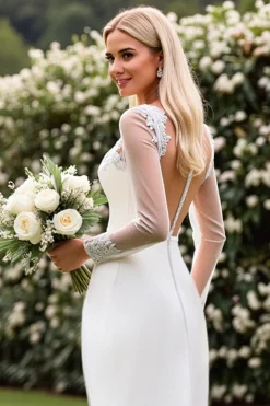 Vestido de Noiva Renda Cetim Marfim Sereia Ilusão Mangas Longo
