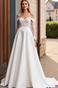 Vestido de Noiva Renda Marfim Longo Fora do Ombro Linha-A Cetim