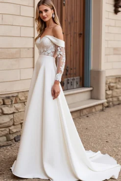 Vestido de Noiva Renda Marfim Longo Fora do Ombro Linha-A Cetim