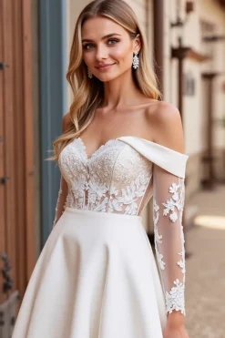 Vestido de Noiva Renda Marfim Longo Fora do Ombro Linha-A Cetim