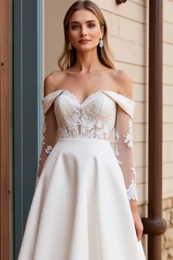 Vestido de Noiva Renda Marfim Longo Fora do Ombro Linha-A Cetim